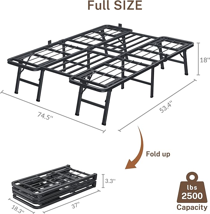 18 Inch Full Metal Bed Frame Folding Bed Frame Tool-Free Assembly Mattress Foundation No Box Spring Needed Platform 2500lbs Heavy Duty Steel Slats, Noise-Free, Easy Assembly, Black