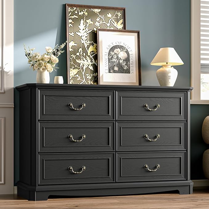 Farmhouse Dresser for Bedroom with 6 Drawer, 48" Wide Rustic Chest of Drawers with Metal Handle, Wood Vintage Dresser TV Stand, Wooden Closet Storage Dressers Organizer for Living Room, Hallway, Black
