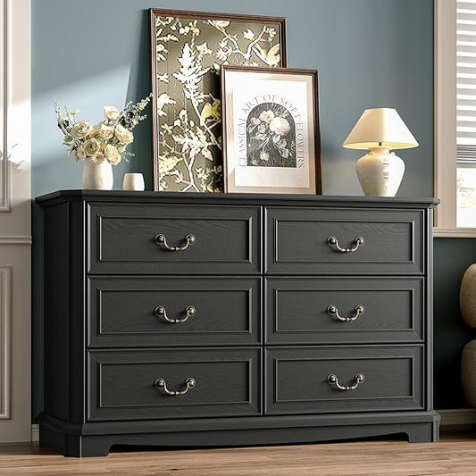 Farmhouse Dresser for Bedroom with 6 Drawer, 48" Wide Rustic Chest of Drawers with Metal Handle, Wood Vintage Dresser TV Stand, Wooden Closet Storage Dressers Organizer for Living Room, Hallway, Black