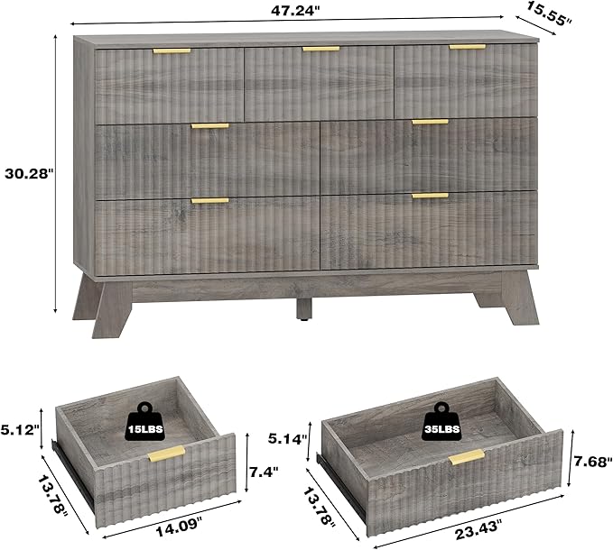 Fluted Dresser for Bedroom with 7 Drawer, Mid Century Modern Chest of Drawers, 48" Wide Natural Wood Dresser for Closet, Wooden Boho Chest Closet Storage TV Stand for Bedroom, Grey
