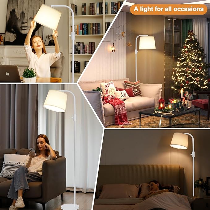 Ambimall Fully Dimmable Floor Lamp - Floor Lamps 9W LED Light Bulbs, Standing Lamps for Living Room with Adjust Head, Modern Standing Light Rotary Switch, Tall Lamp for Bedroom(White and White)