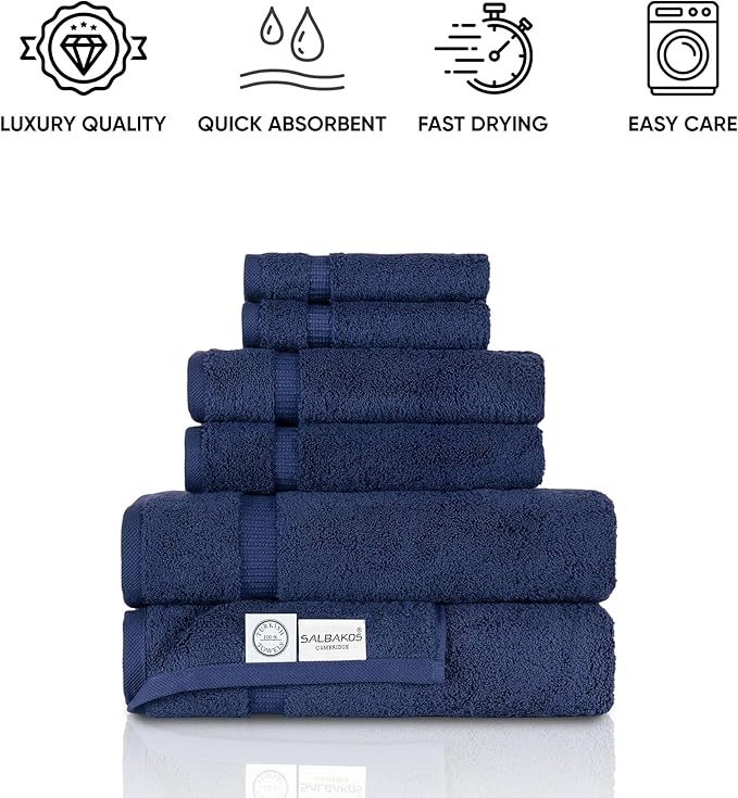 SALBAKOS - Luxury 6 Piece Towel Set, 100% Turkish Cotton, Quick Drying, Highly Absorbent & Comfy, Includes 2 Bath Towels, 2 Hand Towels & 2 Washcloths | (Navy)
