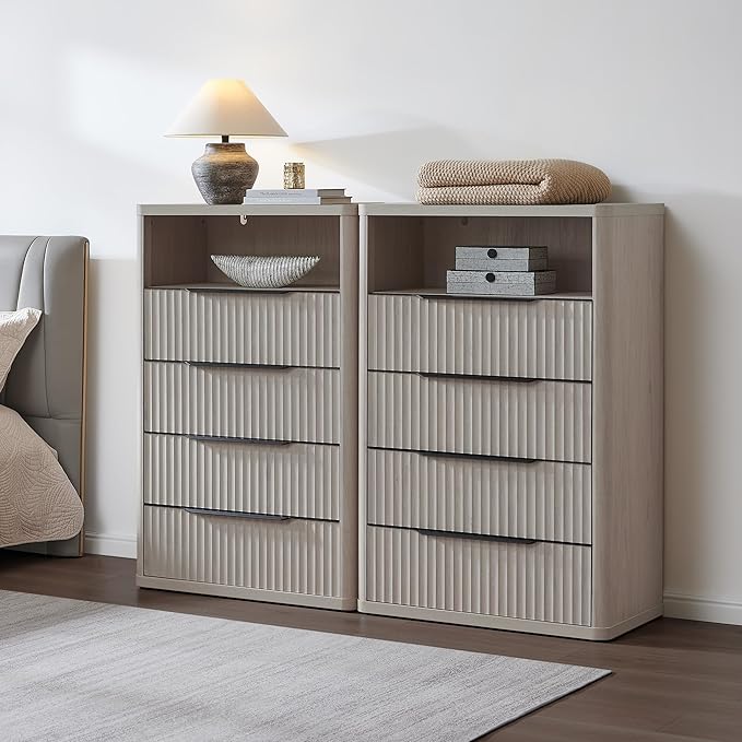 SICOTAS Dresser for Bedroom - Tall Dressers & Chests of Drawers with 4 Drawers Large Modern Dresser for Closet Fluted Wide TV Stand Clothes Closet Storage for Bedroom Hallway Entryway, White Alder