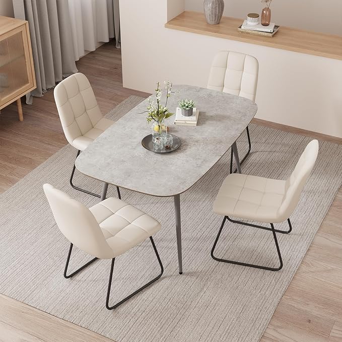 47.2'' Dining Table Set for 4,Modern Wood Dining Table,Leather Dining Chairs 4,Table and Chairs Set of 4,Ideal for Kitchen Dining Room (Gray Table + 4 U-Shaped White Chairs, 47.2")