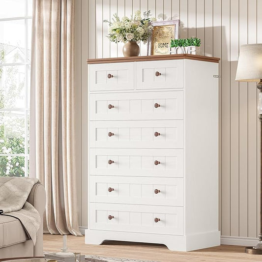 Hasuit White Dresser for Bedroom, Farmhouse 7 Drawers Dresser, 51.4"Tall Dressers Chest of Drawers with Hand Carved Panel, Large Wood Closet Storage Organizers Dressers for Bedroom Living Room Hallway