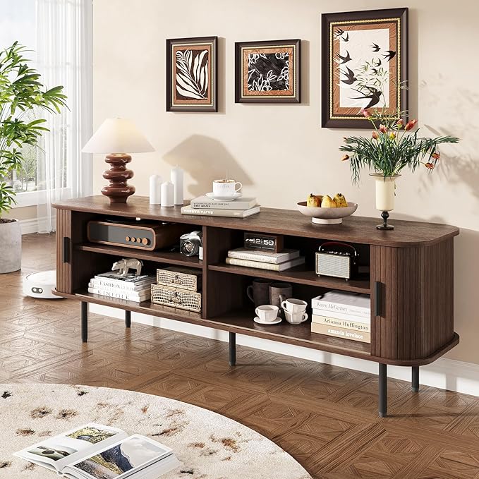 63" Mid Century Modern Fluted TV Stand for TVs up to 75 Inch, Gaming Entertainment Center with Tambour Slatted Sliding Doors, Media TV Consoles Table for Living Room, Walnut