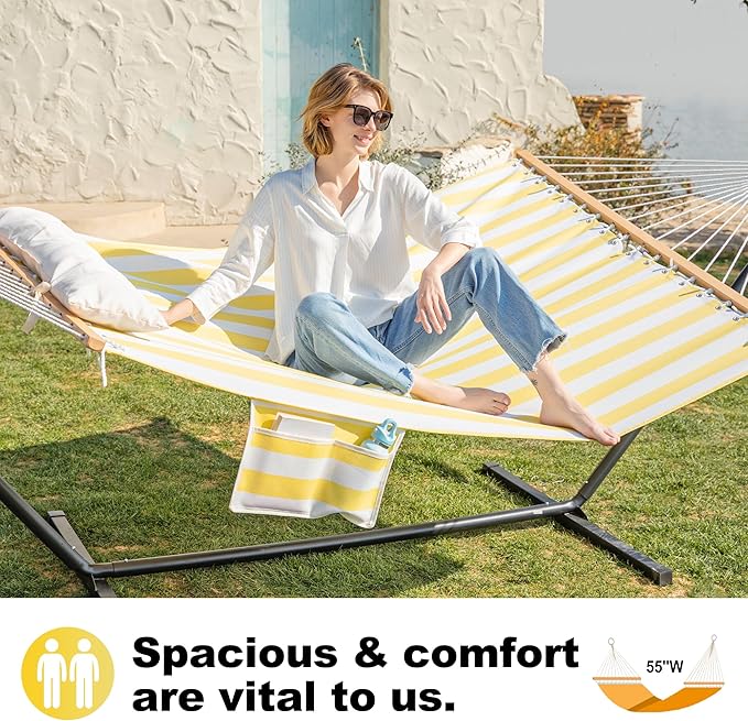 Waterproof Double Hammock with Stand for Outside 2 Person 55'' Large Quick Dry Textilene Hammocks with Hardwood Spreader Bar, Pillow, Pockets, for Outdoor, 475lbs Capacity (Yellow & White)