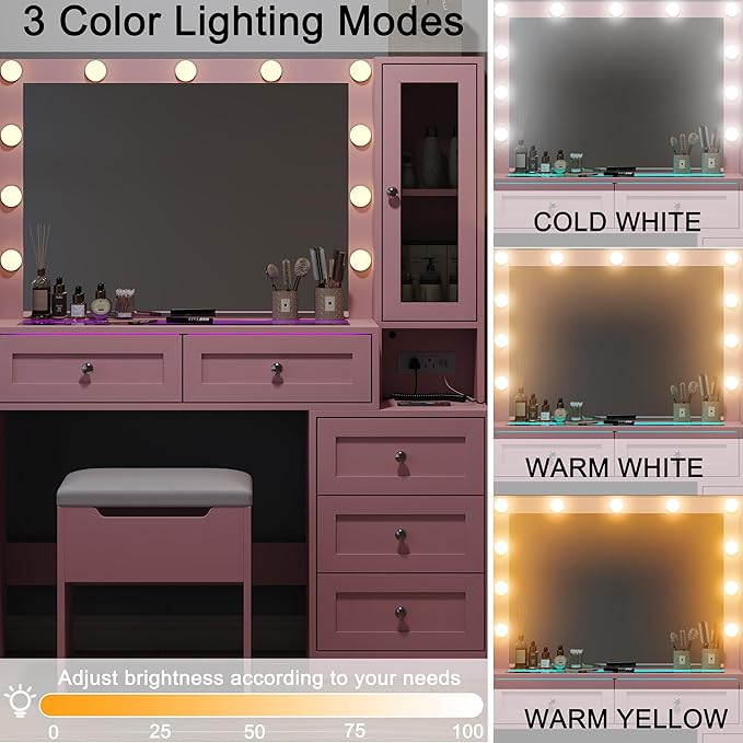 Pink Vanity Desk with Illuminated Mirror & Power Outlet,Vanity with RGB Light Strip and 12 LED Lights,Vanity Table with Chair,Set 3 Lighting Modes Brightness Adjustable