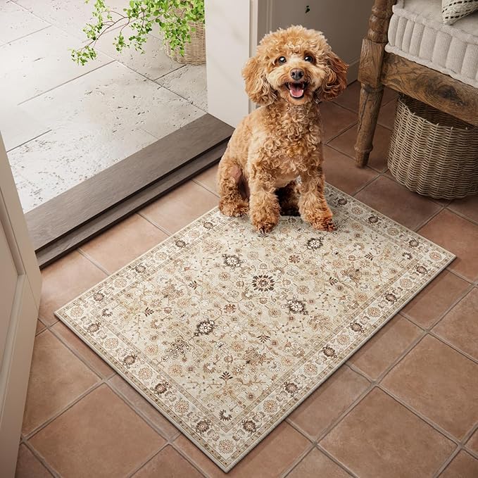 Washable 2'x3' Non Slip Rug Vintage Soft Low Pile Lightweight Boho Area Rugs for High-Traffic Areas (Entryway, Kitchen, Hallway), Farmhouse Decor