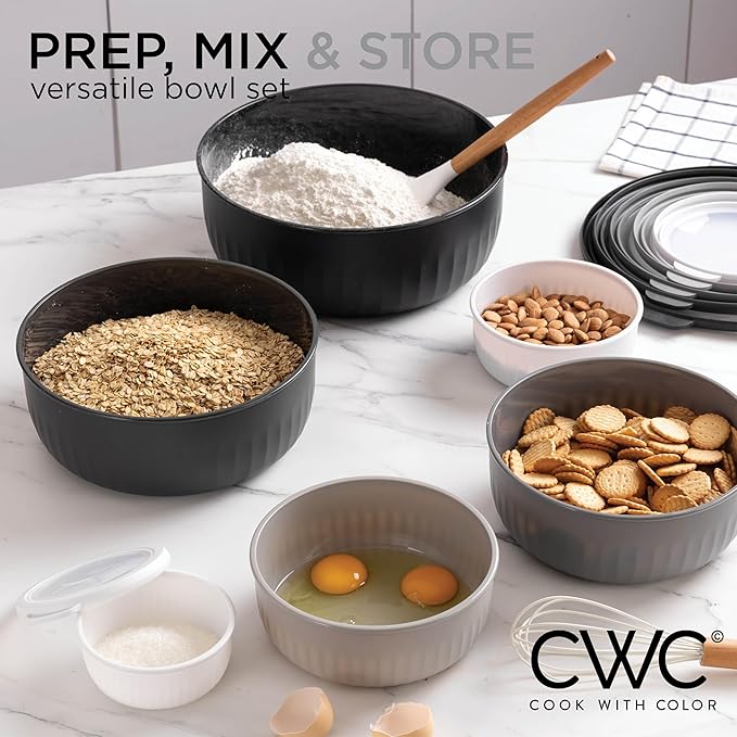 COOK WITH COLOR Prep Bowls with Lids- Wide and Deep Nesting Plastic Small Mixing Bowl Set with Lids, 12 Piece Set - Wide Bowls, Black/White