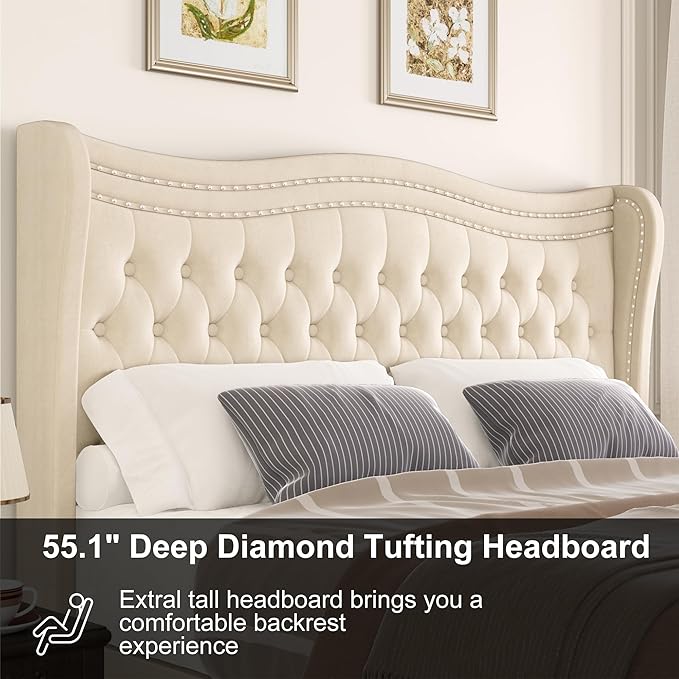 King Bed Frame with Tall Headboard & Footboard, Velvet Upholstered Platform Bed Frame with Deep Button Tufted Wingback, No Box Spring Needed, Noise Free, Beige