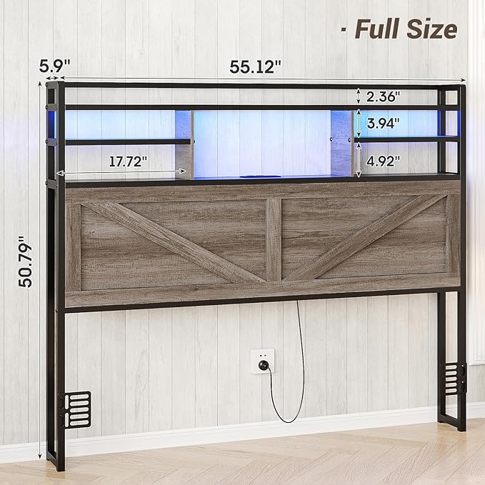 Headboard for Full Size Bed with Storage, Headboards with Power Outlets and RGB LED Light, Sturdy Full Size Headboard, Stable Head Board with Bed Adapter for Bedroom/Dorm/Guest Room