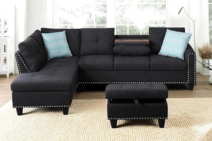 98 Inch L Shaped Sectional Sofa with Chaise Lounge, Storage Ottoman and 2 Pillows, 4-Seaters Linen Upholstered Tufted Couch w/Cupholder & Nailhead Trim for Living Room, Office, Charcoal Grey
