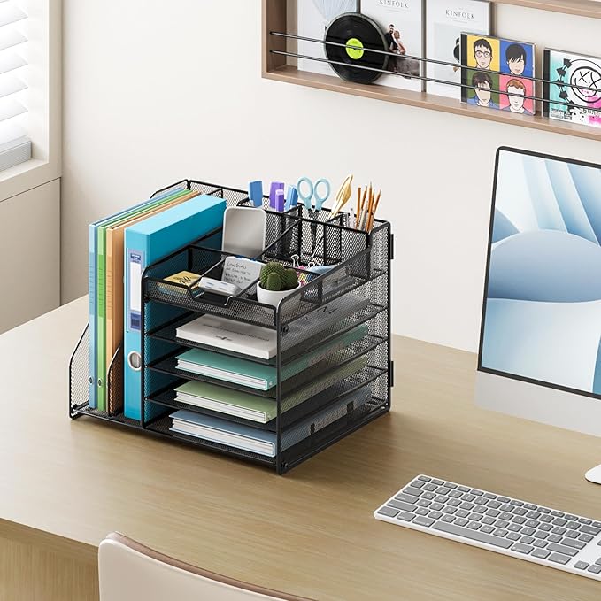 Lavatino Desk Organizer, 5-Tier Metal Mesh Paper Letter Tray with 2 File Holders & 7 Flexible Dividers for Office or Home Desk Organizers and Accessories, Keep Workspace Supplies Neat, Black