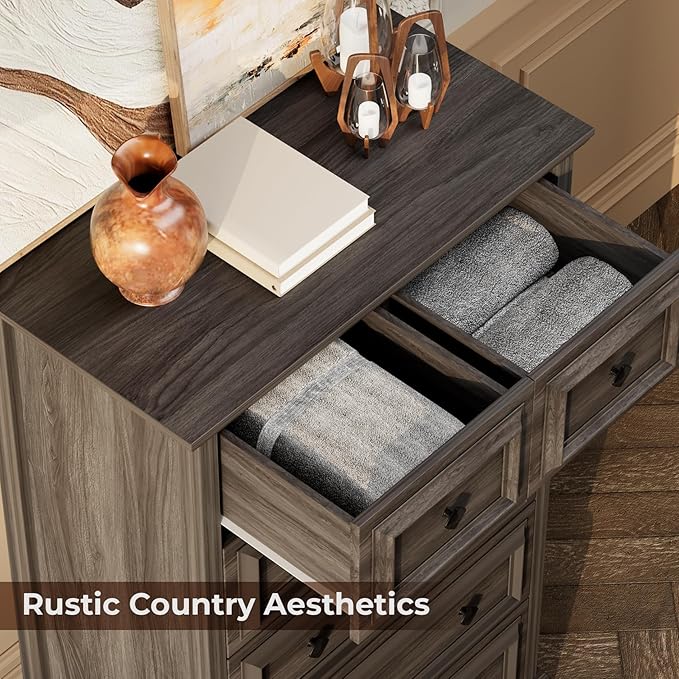 Grey Dresser, 48" Tall Dresser with Natural Texture & Metal Handles, 6 Drawer Chest of Drawers for Bedroom, Living Room, Hallway, Vintage Design