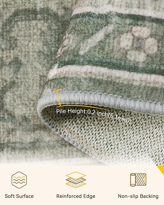 Area Rugs 9'x12' Washable Non-Slip, Floral Vintage Distress Print Pattern Medallion Carpet for Living Room Bedroom Dining Room, Dark Green Gray