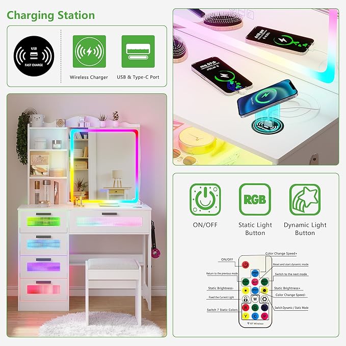 HNEBC Vanity Desk with Sliding Mirror and LED Lights, RGB Vanitys with Charging Station, Makeup Vanitys with Remote Control, White Dresser with Stool/Lager Drawers for Bedroom (White)