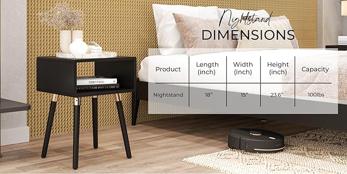 Bme Dinkee Solid Wood Nightstand, Fully Assembled, Without Drawer for Mid Century Bedroom and Living Room, Black