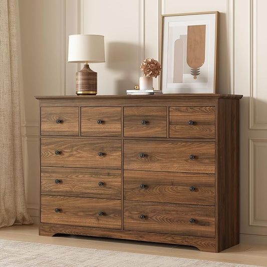 LYNSOM Modern 10 Drawer Dresser, 55.1" Wide Dressers & Chests of Drawers with Large Capacity Storage, Wood Mid Century Storage Dressers Organizer for Bedroom, Hallway, Brown
