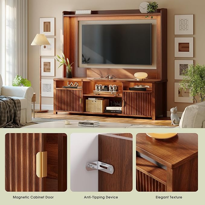 70.9"H TV Stand, Modern Chic Entertainment Center for TVs Up to 70 inches, Extra 4 Storage Wooden Shelves, Magnetic cabinet doors & Curved Profile Design, Media Console for Living Room, Walnut Brown