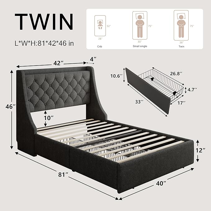 Upholstered Twin Bed Frame with 4 Storage Drawers, Platform Bed Frame with Large Wingback Headboard, Charging Station, No Box Spring Needed, Easy Assembly, Dark Grey
