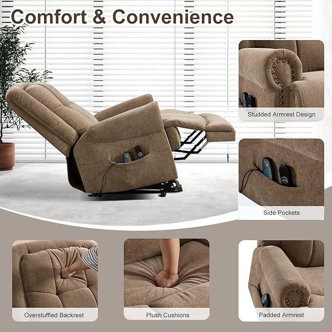 Oversize Power Lift Recliner with Massage and Heat for Adult, Reclining Chair for Living Room Bedroom, Ergonomic Electric Wider Chair with USB Port and Side Pocket(1, Brown)