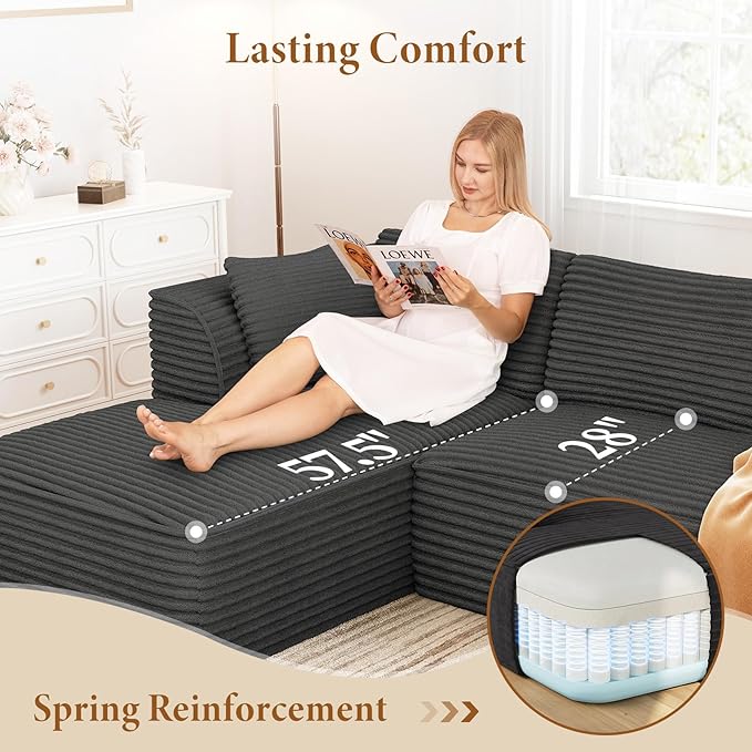 Vesgantti 106" Boneless Couch with Chaise, Deep Seat Comfy Cloud Modular Sofa Corduroy Memory Foam Sectional Couches for Living Room Bedroom, No Assembly Required (Grey, Left-Facing Chaise)