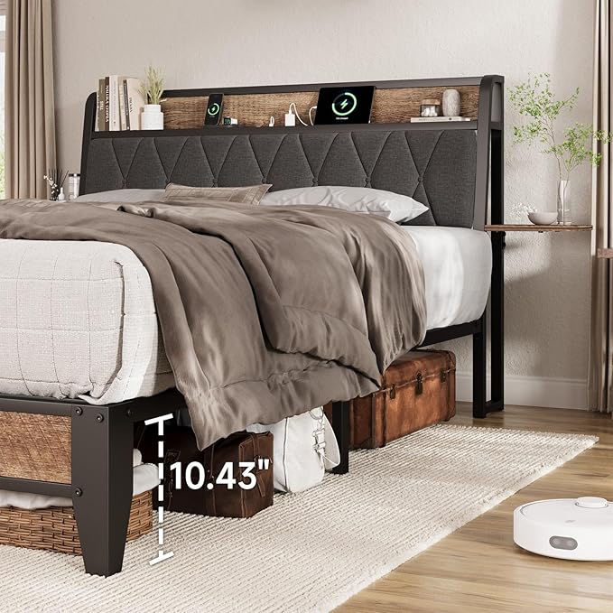 Queen Bed Frame with Side Storage Shelf, Ergonomic Upholstered Headboard with Charging Station, Queen Size Platform Bed Frame, Metal Slats Support, No Box Spring Needed, Easy Assembly, Black