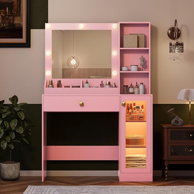Makeup Vanity with Mirror and Lights, 34'' Wide Dressing Table with Charging Station & RGB Glass Cabinet, Small Vanity Desk with 3 Color Lighting Modes & Adjustable Brightness, Pink
