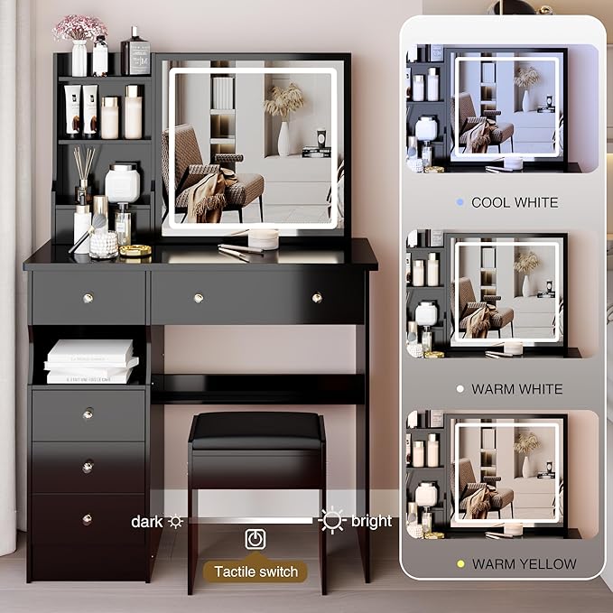 37" Vanity Desk with Mirror and Lights, Makeup Table with Led Lights and Sliding Mirror, 3 Lighting Colors, Vanity Set with 6 Drawers and Stool for Bedroom, Black
