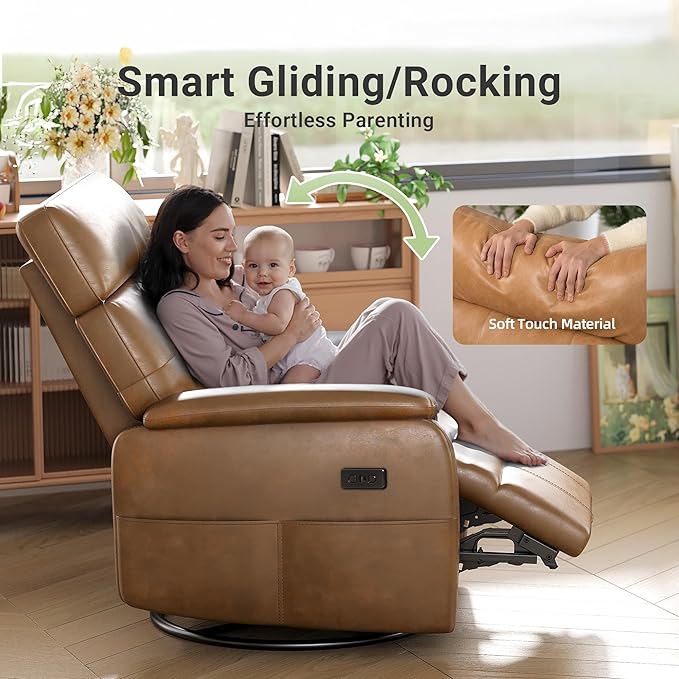 Claiks Power Swivel Rocker Recliner Chair, Oversized Recliner Chairs for Adults, PU Leather Overstuffed Reclining Chair with USB and Type-C Ports for Living Room, Brown