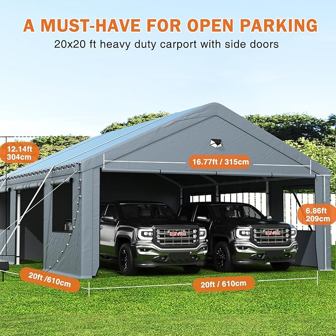 Carports 20X20 Heavy Duty，2 Car Carport with Side Doors，Extra Large Outdoor Carport Canopy，Portable Car Port Garage All Weather，Gray