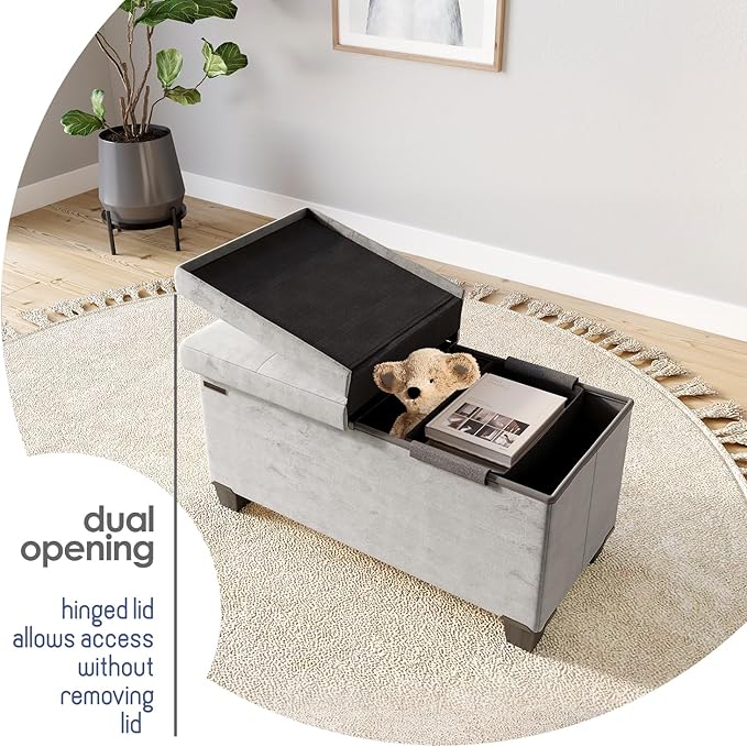 STORAGEBUD Storage Ottoman Bench with Bins, 30-in Storage Bench for Bedroom End of Bed, Folding Foot Rest Ottoman for Living Room Max 660lbs, Velvet Ottomans, Light Grey