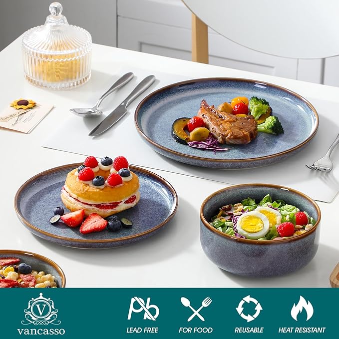 vancasso PLAYA Plates and Bowls Sets, 24 Pieces Grey-Blue Dinnerware Sets for Kitchen, Reactive Glaze Dishes Set for 8, Dishwasher and Microwave Safe