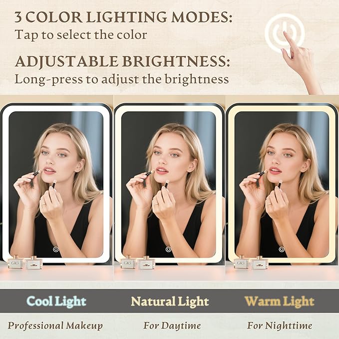 White Makeup Vanity Desk with Mirror and Lights, Small Vanity Table Set with Power Outlet, Dressing Table with 2 Drawer & 4 Storage Shelves, Adjustable RGB Lighting, Includes Chair for Girl’s Bedroom