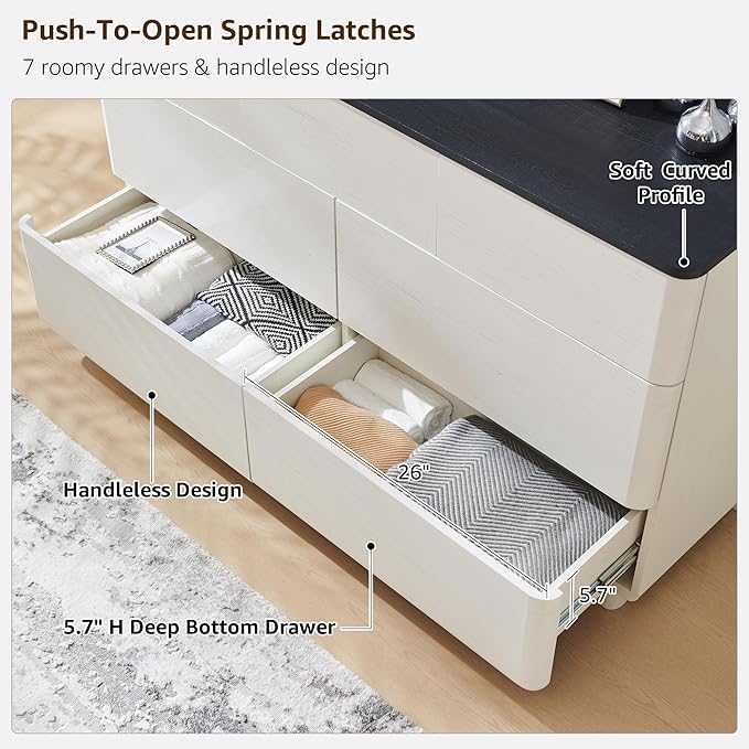 Modern 7 Drawer Dresser for Bedroom, 52" Wide Handleless Chest of Drawers, Push-to-Open Large Wood Storage, Dresser TV Stand for Bedroom, Living Room, Hallway, Curved Profile, White