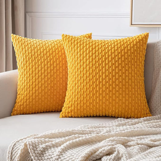 MIULEE Throw Pillow Covers Soft Corduroy Decorative Set of 2 Boho Striped Pillow Covers Pillowcases Farmhouse Home Decor for Couch Bed Sofa Living Room 20x20 Inch Golden Yellow