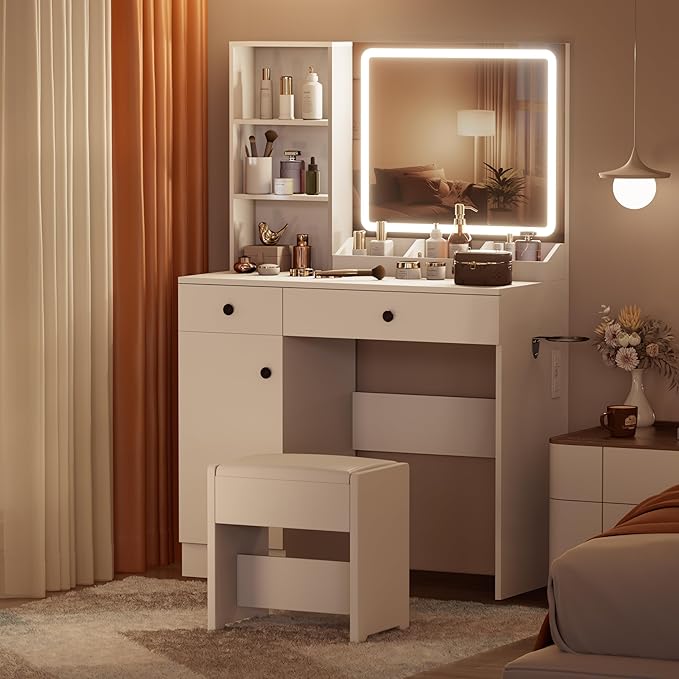 Vanity Desk with Mirror and Lights, 3-Color Lights Adjustable Brightness, White Vanity Makeup Desk with Drawer & Charging Station, Large Dressing Table Make Up for Bedroom