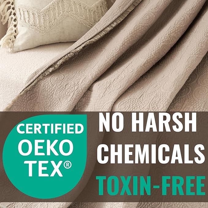 DaDa Bedding Elegant Fringed Cotton Quilted Throw Blanket - Luxurious Solid Soft Paisley Pattern, Cozy Lightweight Lap Throw, Perfect for Couch or Bed, Neutral Sandy Taupe Tan Beige, 50x60 Inches