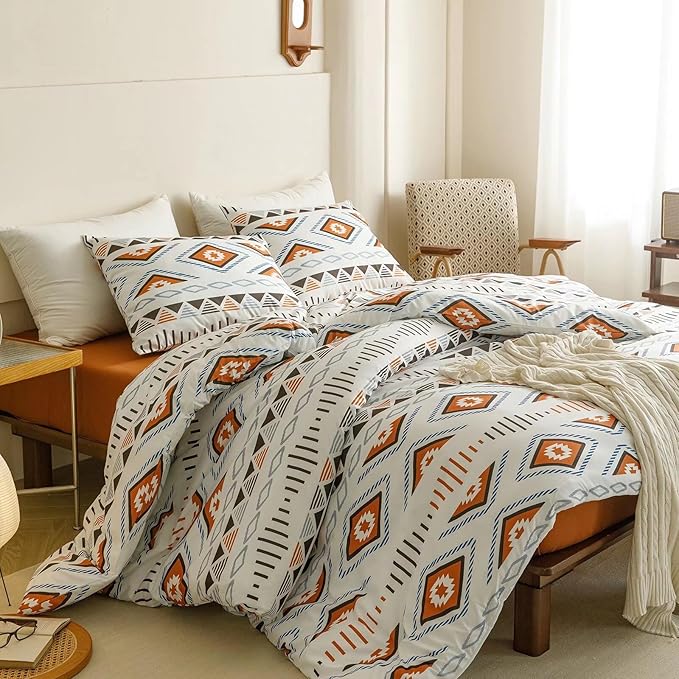 Luxlovery Beige Aztec Comforter Set Queen Boho Geometric Bedding Comforter Set American Farmhouse Tribal Ethnic Blanket Quilts Western 3pcs Comforter Set Queen Size