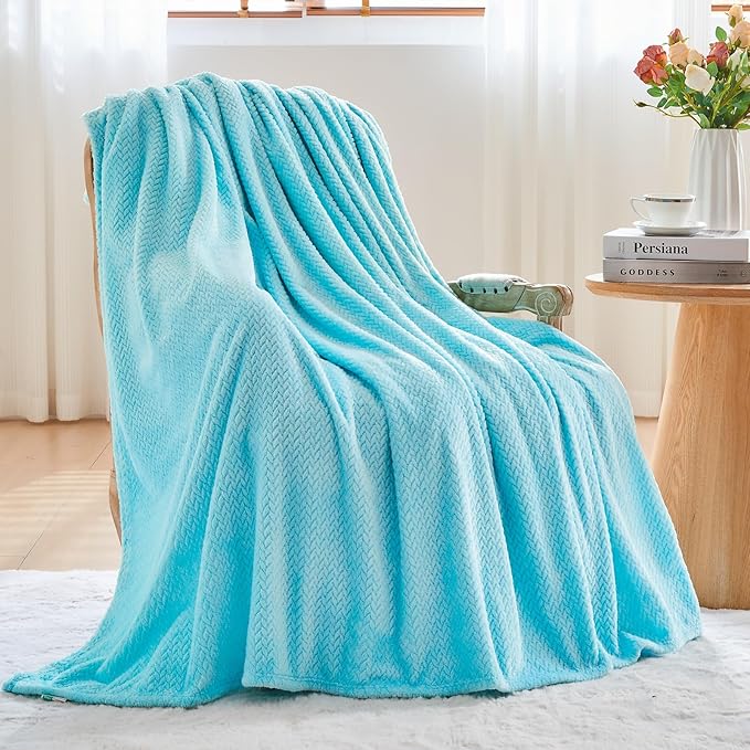 NEWCOSPLAY Super Soft Twin Blanket Turquoise Premium Silky Flannel Fleece Leaves Pattern Lightweight Bed Blanket All Season Use (Turquoise, Twin(60"x80"))