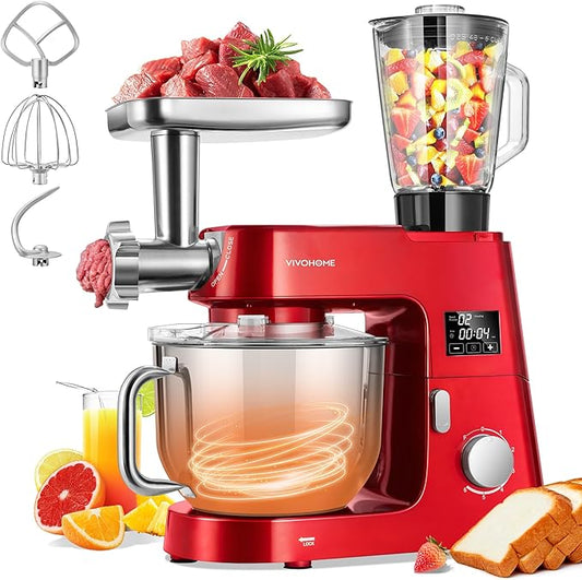 VIVOHOME 9 in 1 Multifunctional Stand Mixer with Fermentation, 6 Speed 7.5 Quart Kitchen Electric Food Mixer with Timer, Meat Grinder, Juice Blender, Vegetable Slicer, Pasta and Cookie Maker, Red