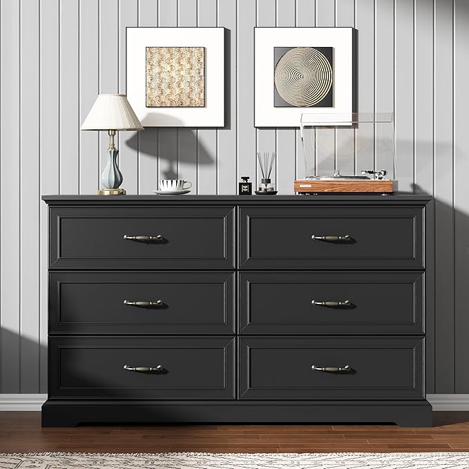 Dresser for Bedroom with 6 Drawer, Farmhouse Dresser for Closet, 53'' Wide Rustic Wooden Chest of Drawers with Natural Wood Texture, Vintage Storage Organizer for Living Room, Hallway, Black