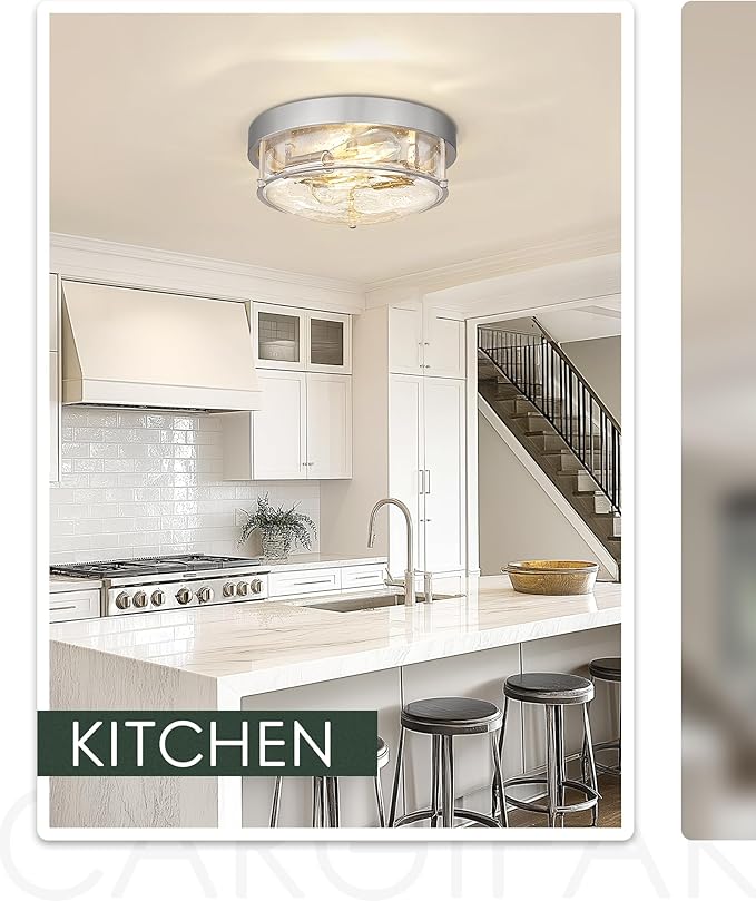 12" Flush Mount Ceiling Light, Brushed Nickel Finish, Bubble Glass Shade, Modern Farmhouse Style for Bedroom, Living Room, Dining – CKCL4822-2W-SGBN