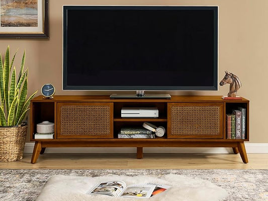 68 Inch Mid Century Modern TV Stand with Rattan Doors, MCM Entertainment Center Media Console for 60/65/70/75 inch TVs, Long Boho Television Stand for Living Room, Light Walnut