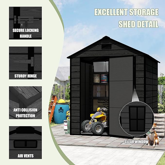6x6 FT Outdoor Storage Resin Shed with Floor, Waterproof Plastic Garden Tool Shed with Windows, Vents & Lockable Door and Sloped Roof, Easy to Assemble Bike Shed for Patio, Backyard, Lawn, Black