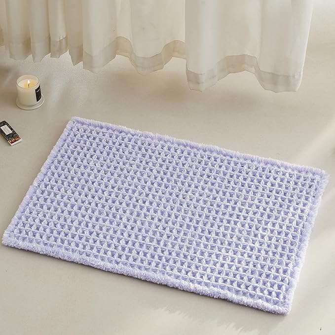 Waffle Bath Mat, Boho Bathroom Rugs Non Slip Washable Super Absorbent Quick Dry Cute Bath Mat Farmhouse Bathroom Decor, 24''x16'' Lavender Cream