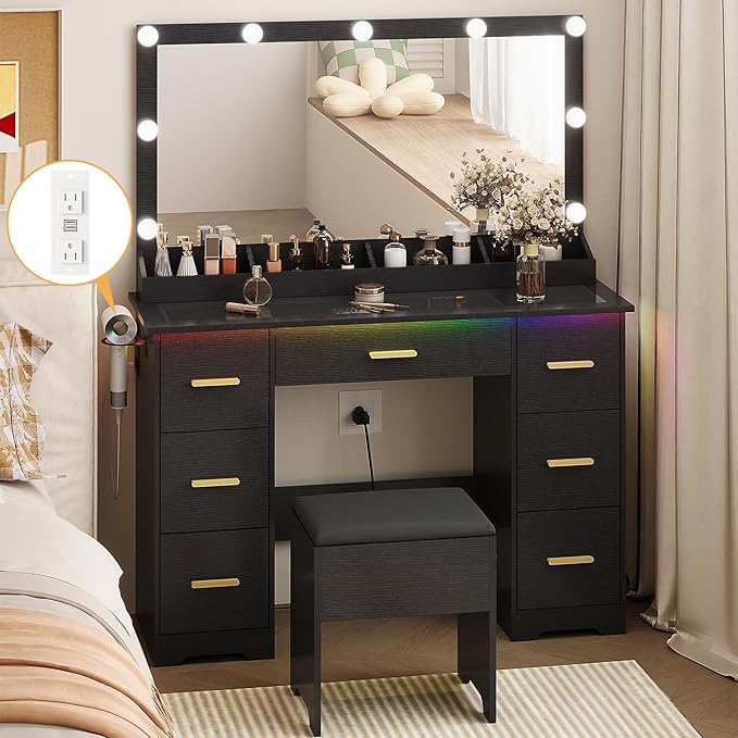 Makeup Vanity Desk with Mirror and Lights, Glass Top Vanity with 38" Lighted Mirror & Charging Station, Large Vanity Mirror with Lights Desk and Chair for Girls 3 Lightings Mode Adjusted, Black