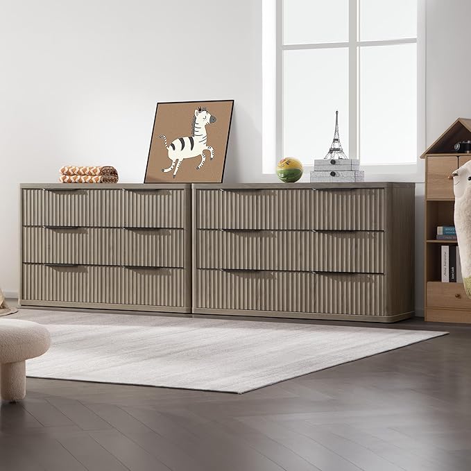 SICOTAS Dresser for Bedroom 6 Drawer Dressers & Chests of Drawers for Closet Long Large Modern TV Stand Set for Clothes Storage Fluted Wide Clothes Closet for Hallway Entryway (Grey Alder, 1 Piece)