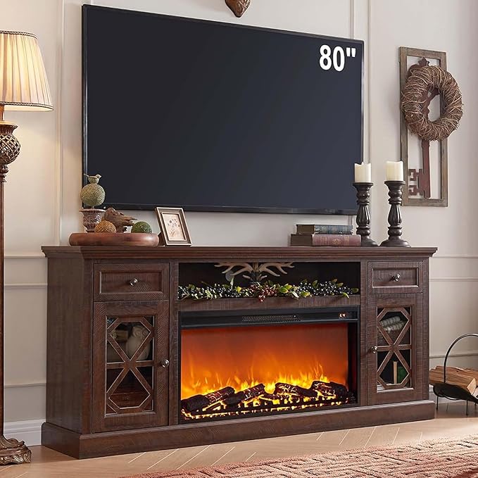Farmhouse Fireplace TV Stand with 36" Electric Fireplace for 80 Inch TVs, 31" Tall Entertainment Center w/Drawer & Diamond Panel Door, Highboy Media Console for Living Room, 70inch, Brown